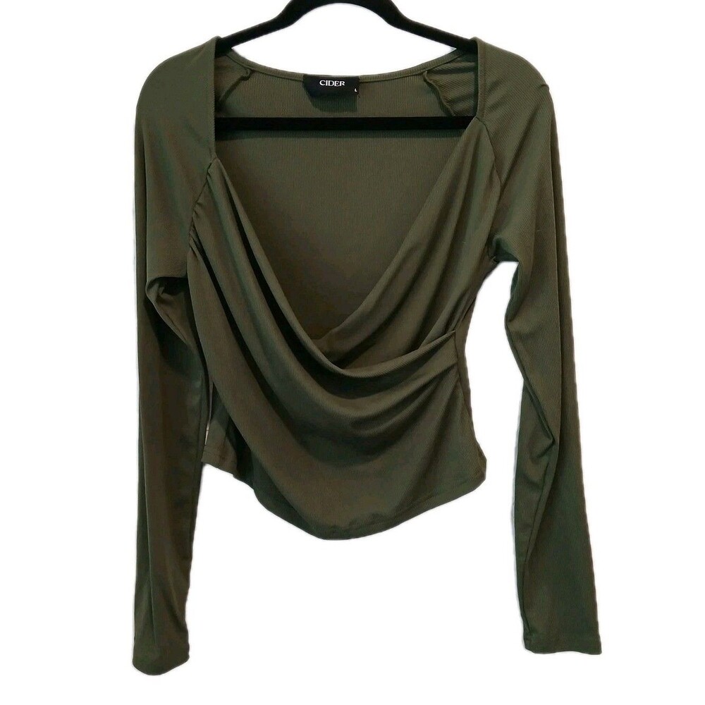 Cider Women’s Olive Green Faux Wrap Long Sleeve Top Size Large NWOT Ruched